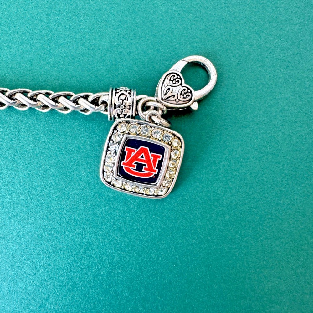 AUBURN UNIVERSITY Silver Tone Bracelet Rhinestones 7.75" Long Heart Lock Closure - Picture 3 of 7